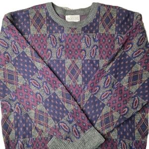 Vintage Traditions Sweater Paisley Geometric Acrylic Purple‎ Grey Maroon Wool XL